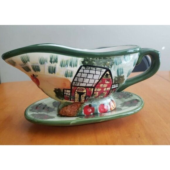 Cottagecore Vintage Gravy Boat Autumn Farmhouse Server with Underplate Attached - Picture 1 of 6